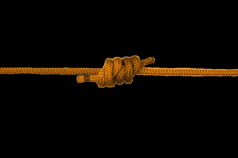 A double fisherman's knot joining two ropes - strong, but a knot still costs the rope capacity.
