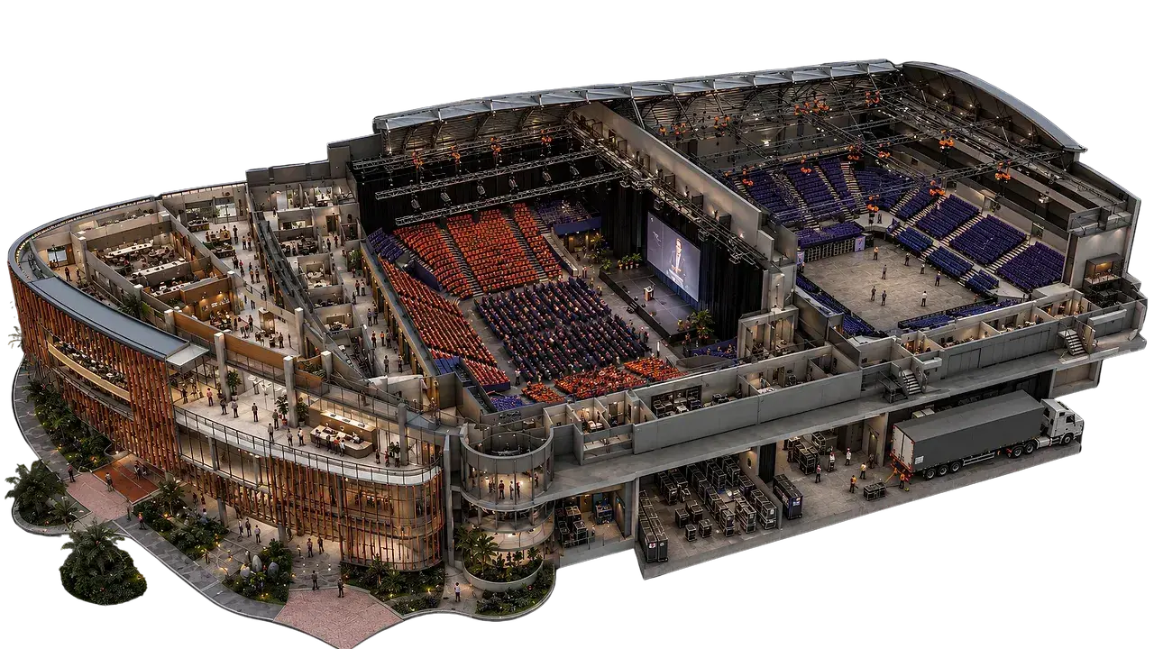 Isometric cutaway render of Cairns Convention Centre showing the Great Hall grid, hoist array and box truss, the exhibition floor and the loading dock in one view