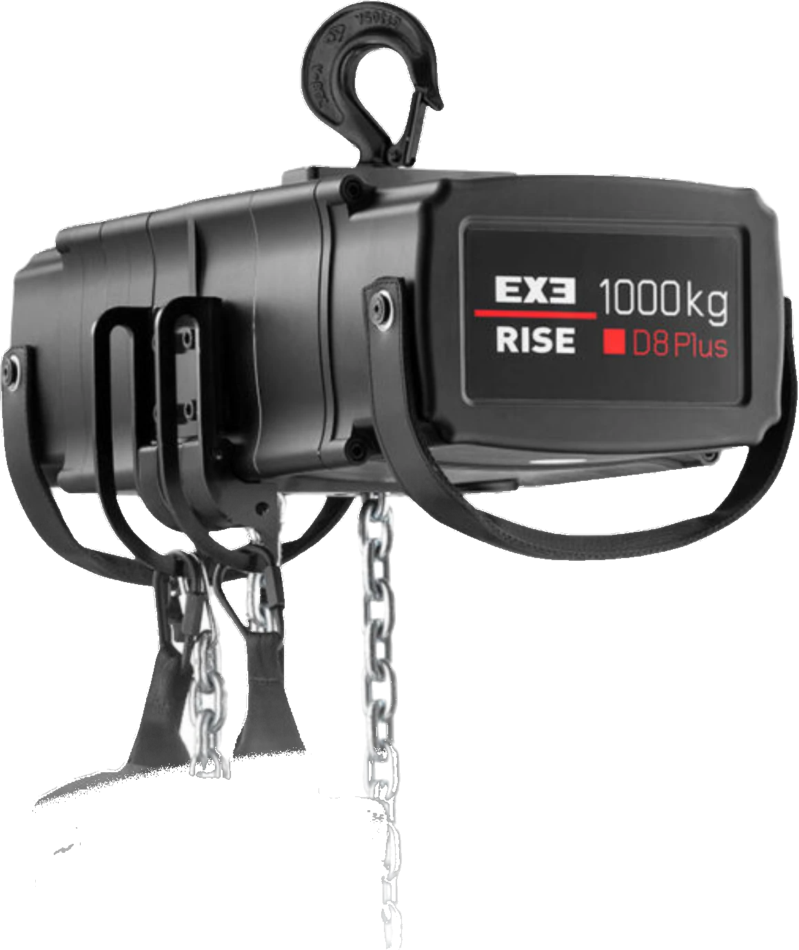 EXE Rise 1000 kg chain hoist hanging from its top hook, with lifting straps and load chain