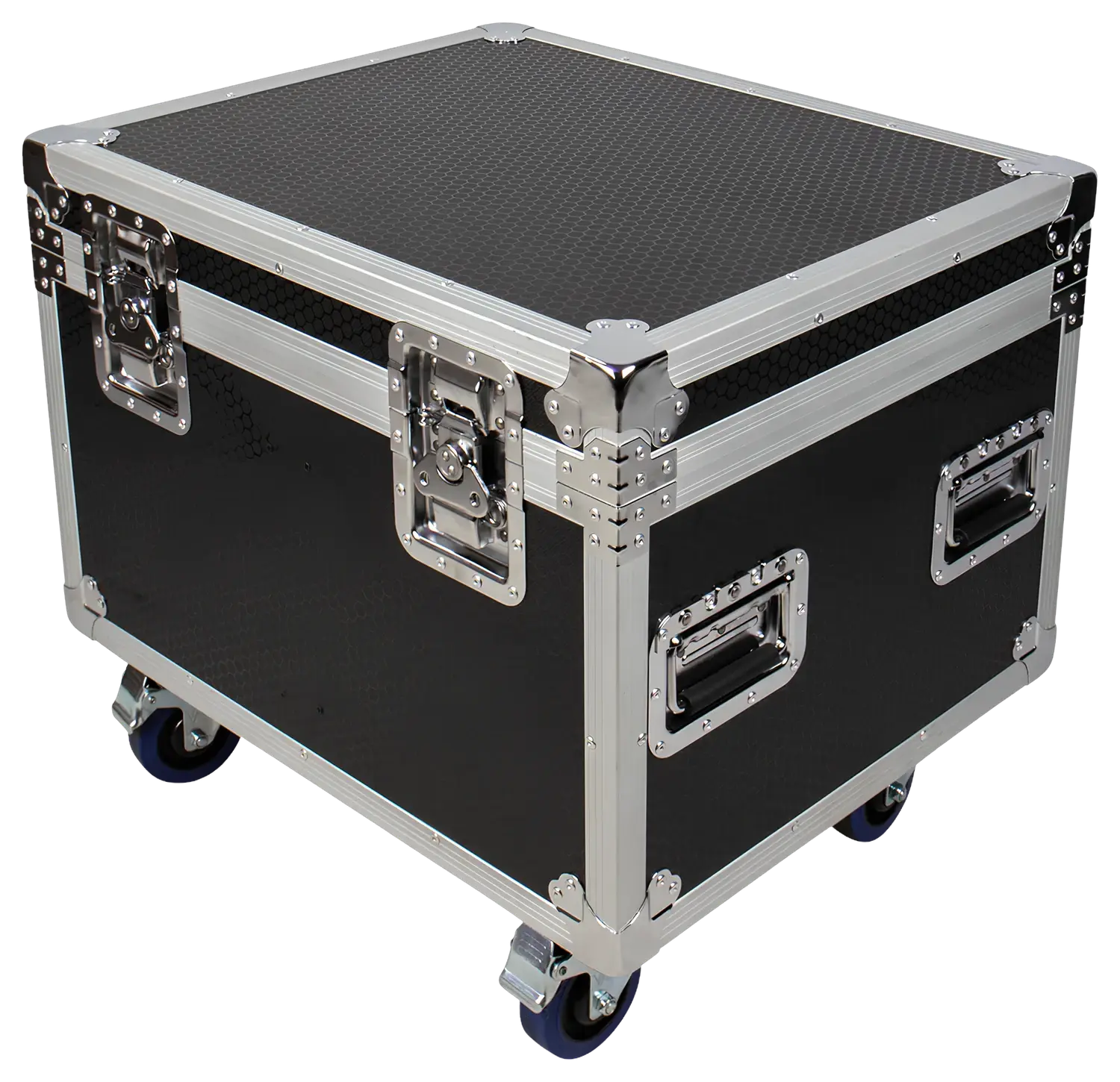 Black road case on castors with silver edging